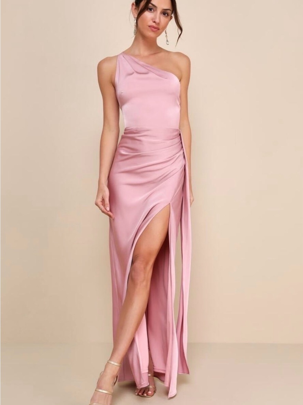 One-Shoulder Pink Satin Evening Dress with Front Slit